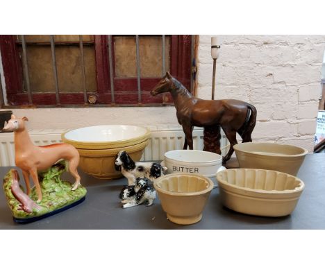 A Staffordshire style greyhound, standing to the right, 26cm high;&nbsp; Melba and other dogs;&nbsp; a horse side lights;&nbs