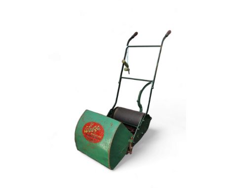 Webb - A Webb miniature lawnmower for children, grassbox, wooden front rollers and handles, heavy metal rear roller driving t