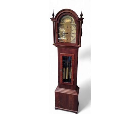 A contemporary mahogany longcase clock, arch brass dial inscribed Tempus Fugit,&nbsp; E.J Goodfellow Wadebridge, Roman numera