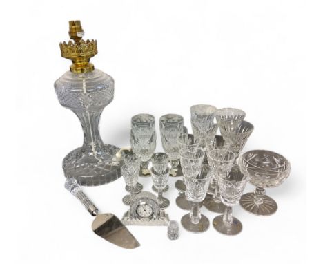 A set of six Galaway Crystal wine glasses;&nbsp; others;&nbsp; a cut glass side light, with shade ;&nbsp; cake knife;&nbsp; t