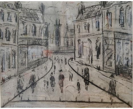 Manner of L S Lowry, Northern Street, bears signature, dated 1961, pen and ink sketch, 26cm x 31cm 