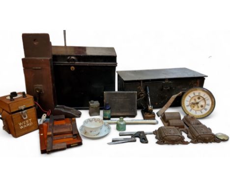 A tin trunk;&nbsp; a Jaycee General purpose cutter;&nbsp; a Chinese tea bowl and saucers, decorated with famille rose flowers