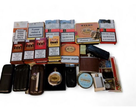 A Zippo Venetian slim brass lighter; a leather three cigar holder; others; various unopened individual cigars including Princ