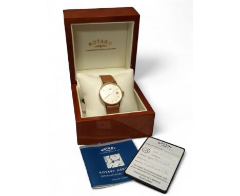 A 9ct gold Rotary gentleman's wristwatch, quartz movement, cream dial gold baton markers, date aperture, 2011, later leather 