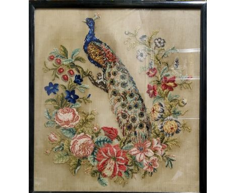 A Victorian woolwork tapestry, embroidered with peacock amongst flowers and foliage, 53cm x 48cm 