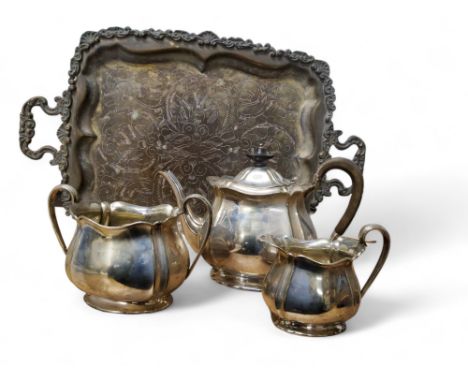 A Maple and Co three piece&nbsp; plated tea service;&nbsp; a two handled shaped rectangular tray, 50cm wide 