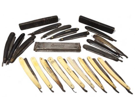 A Swordplay branded straight/cut throat razor metal case; various cut throat razors including bone, ivorine, antler, ebony ha