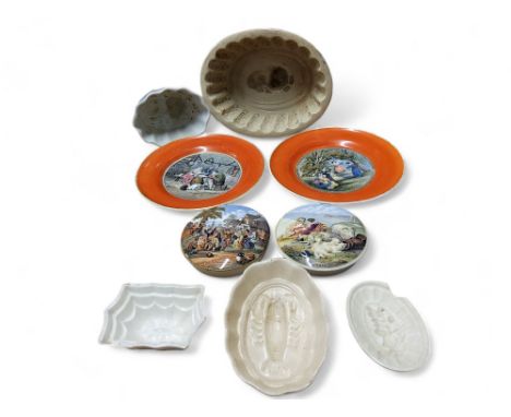 An early 20th century salt glazed stoneware jelly mould, with lion, 20cm wide;&nbsp; others, various;&nbsp; &nbsp; F &amp; R 