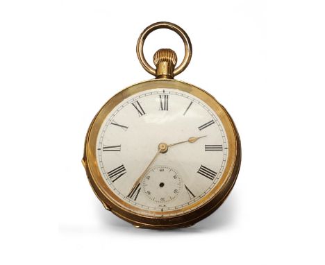 An 18ct gold open faced pocket watch, top winder, unsigned movement, white enamel dial, Roman numerals, subsidiary second dia