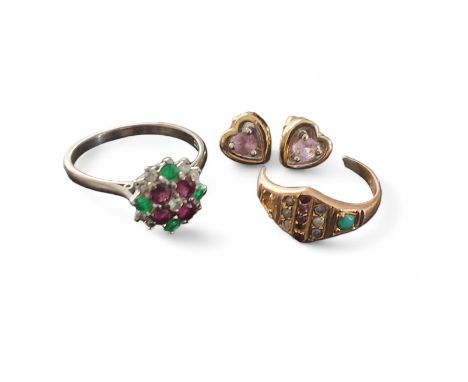 An 18ct white gold floral ring, set with round diamonds, emeralds and rubies, size R, 3.75g gross; a rose yellow metal part r