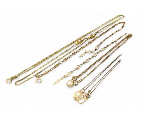 A 9ct gold curb and fancy link necklace; a 9ct gold belcher chain and pearl pendant; a 9ct gold fancy link necklace, broken; 