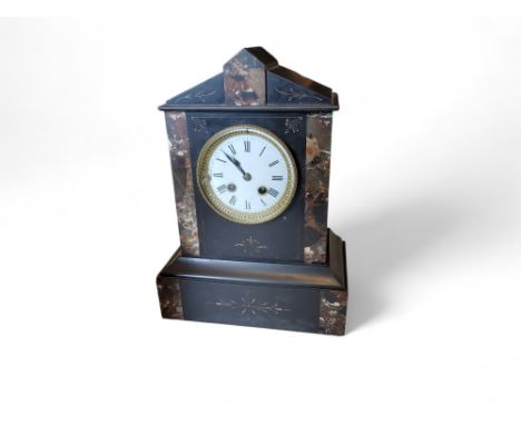 A late 19th century slate and marble mantel clock, Roman numerals, twin winding holes, striking on a bell, 33cm high, c.1880 