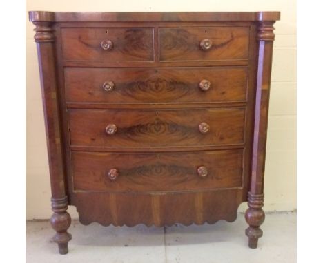 Scotch mahogany 2/3 chest of drawers on turned legs. 140 x 132 x 55cm