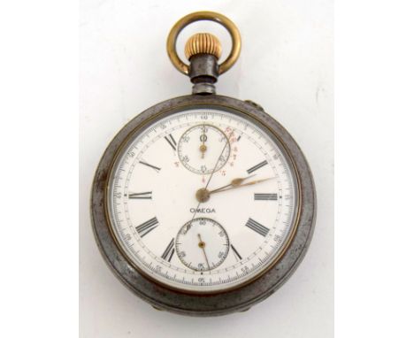 Very Rare Omega Double Dial Mensor Pocket Watch in gun metal case ,single button Chronograph dial to front and Techymeter dia