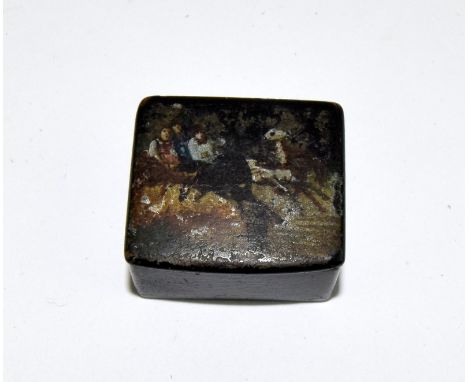 Georgian Papier Mache snuff box, hand painted showing a man and woman with a carriage driver  ,interior enamel rouge 33mm