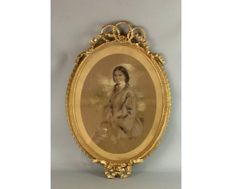 C19th English School Portrait of a lady pastel set in ribbon and  rope twist frame