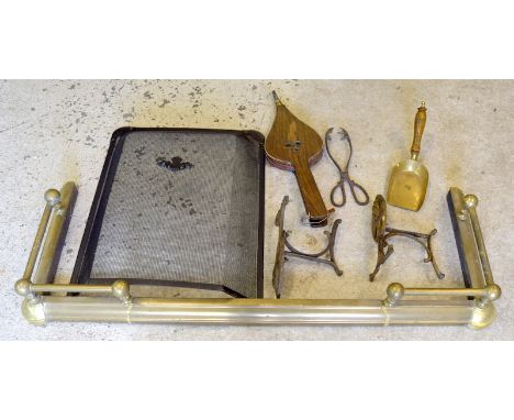 Brass fire surround a spark guard ,fire dogs bellows and brass coal shovel