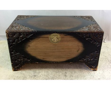 Camphor wood trunk with carving decoration and inner lift out tray with pad lock 55x105x55cm