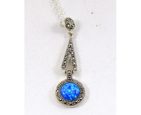 a silver marcasite and blue opal pendant necklace