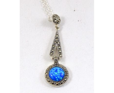 a silver marcasite and blue opal pendant necklace