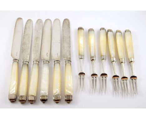 Georgian Mother of Pearl handled silver dessert knife and fork set for 6 places