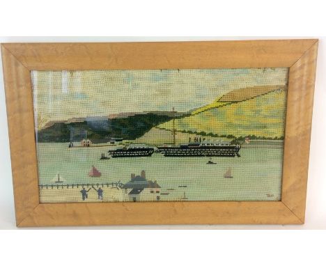 Wool Tapestry by Betty Popham1941 of HMS Hindustan and Britannia moored of Dartmouth provenance on the back 45x25cm