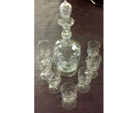 Victorian dimple glass decanter and set matching glasses