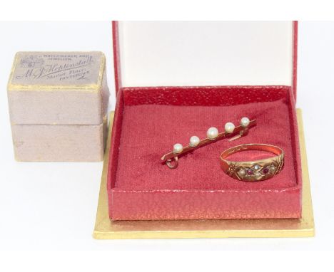 Ladies 15ct antique gold garnet and pearl ring size N ,together a pearl bar broach