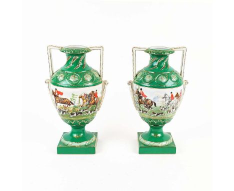 HUNTING SCENE VASES. A pair, green glazed ceramic, 38cm H x 21cm W. (2).