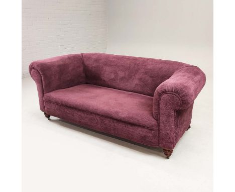 VICTORIAN CHESTERFIELD SOFA. Purple wool upholstered on modern castors, 68cm H x 187cm W x 89cm D.