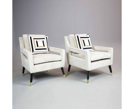 ARMCHAIRS, A PAIR. 1970s Italian style, grey velvet upholstered, each with a patterned scatter cushion, 87cm x 77cm x 73cm ap