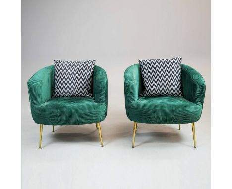 ARMCHAIRS, A PAIR, 1950S ITALIAN STYLE. pleated green upholstery, each with a zig zag patterned cushion, 76cm W each approx.