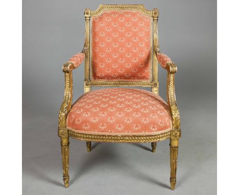 NAPOLEON III GILTWOOD FAUTEUIL. Upholstered in terracotta patterned fabric, 93cm H x 62cm W x 58cm D.