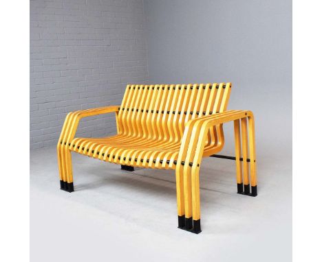 KARI ASIKAINEN. 'SCHELETRO' BENCH. designed in 1987, bent plywood and painted metal, 77cm H x 133cm W x 67cm D.