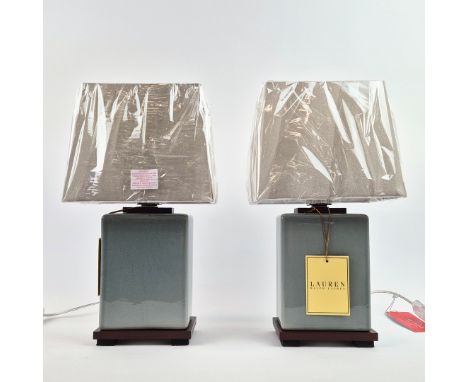 LAUREN RALPH LAUREN HOME TABLE LAMPS, A PAIR. grey glazed ceramic, with shades, 42cm H approx. (2).