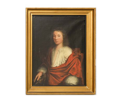 SIR PETER LELY (1618-1680). Follower of. PORTRAIT OF A YOUNG MAN AND DOG. oil on canvas, 105cm x 84cm, framed.
