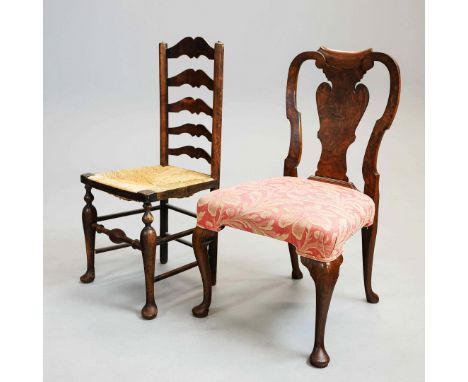 A GEORGE I WALNUT SIDE CHAIR. circa 1720, vase shaped back splat, overstuffed seat, raised on cabriole legs, 99cm high, 57cm 