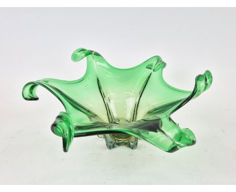 A MURANO GREEN GLASS TABLE CENTREPIECE BOWL. in the manner of Cristallo Venezia CCC glassworks, in a green and amber colourwa