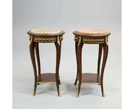 A PAIR OF EMPIRE STYLE MAHOGANY LAMP TABLES WITH ROUND MARBLE TOPS. With gilt ormolu mounts One red and one grey marble tops 