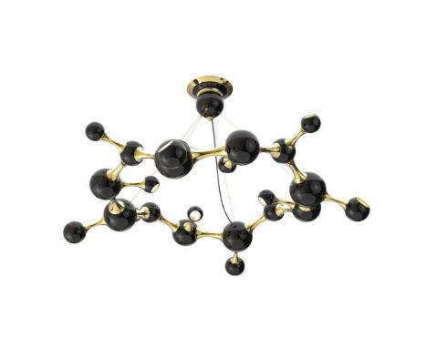 DELIGHTFUL ATOMIC ROUND CEILING SUSPENSION CEILING LAMP. Gilt metal with black gloss round shades.