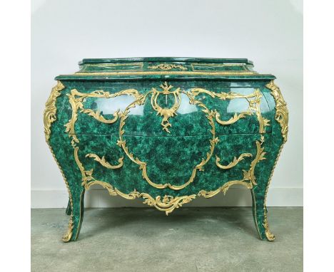 BOMBE COMMODE. Faux malachite with gilt mounts, two drawers, 130cm x 57cm x 89cm.