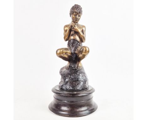 VINCENGO GEMITO. After. BRONZE BOY. clutching fish perched on rock. 53cm H.