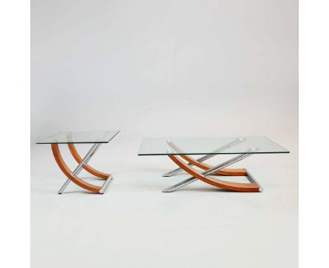 COFFEE TABLE AND LAMP TABLE (2). contemporary style, the glass tops on chrome and wooden supports. respectively 125cm w x 40c
