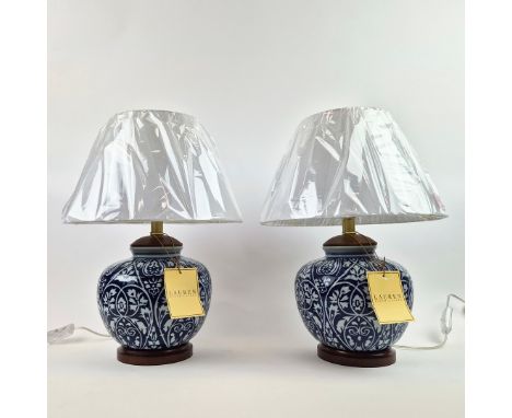 LAUREN RALPH LAUREN HOME TABLE LAMPS, A PAIR. blue and white glazed ceramic, with shades, 48cm H approx. (2).