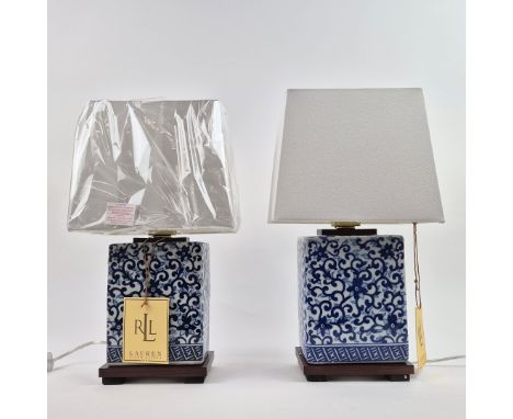 LAUREN RALPH LAUREN HOME TABLE LAMPS, A PAIR. Chinese style blue and white ceramic, with shades, 40.5cm H approx. (2).