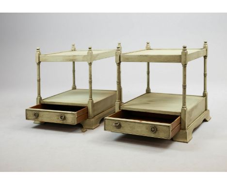 PAIR OF GEORGIAN STYLE LAMP TABLES (2). Grey painted, each of two tiers with single drawer, 56cm H x 45cm W x 45cm D.
