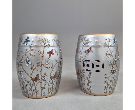 BARREL STOOLS, A PAIR. glazed ceramic, 46cm H x 30cm diam. approx. (2).