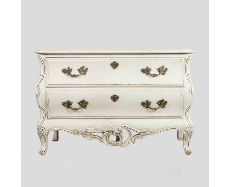 LOUIS XV STYLE BOMBE COMMODE. Cream painted with two drawers, 76cm H x 112cm W x 49cm D.