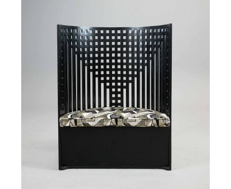 AFTER RENNIE MACKINTOSH WILLOW STYLE CHAIR. Ebonised with patterned cushion 120cm H x 93cm W x 48cm D.