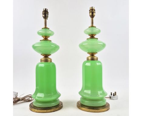 CENEDESE MURANO GLASS TABLE LAMPS, A NEAR PAIR. vintage 20th Century, opaline green glass, one 55cm H, the other 54cm H. (2).